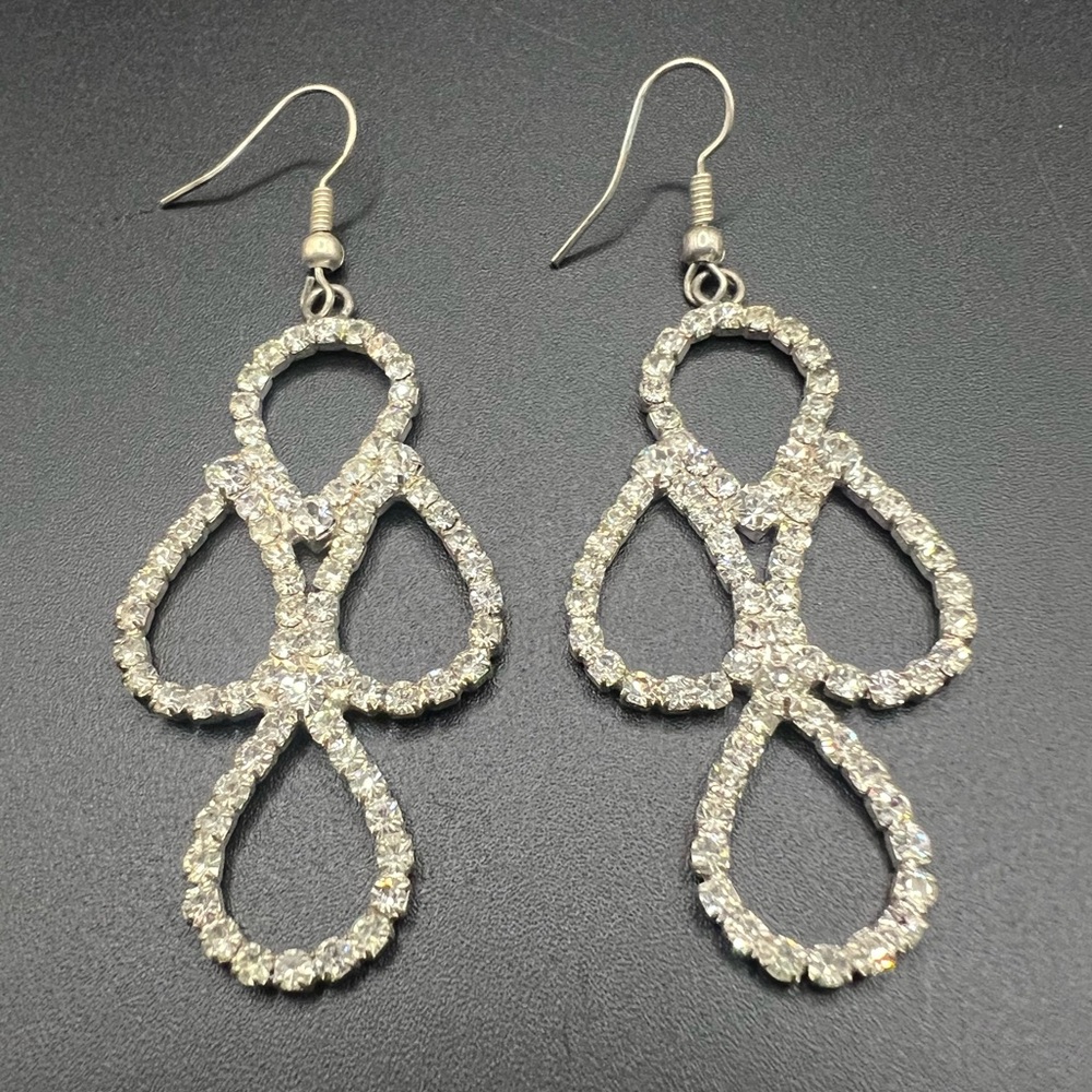 White Rhinestone Dangle Earrings Silver Tone